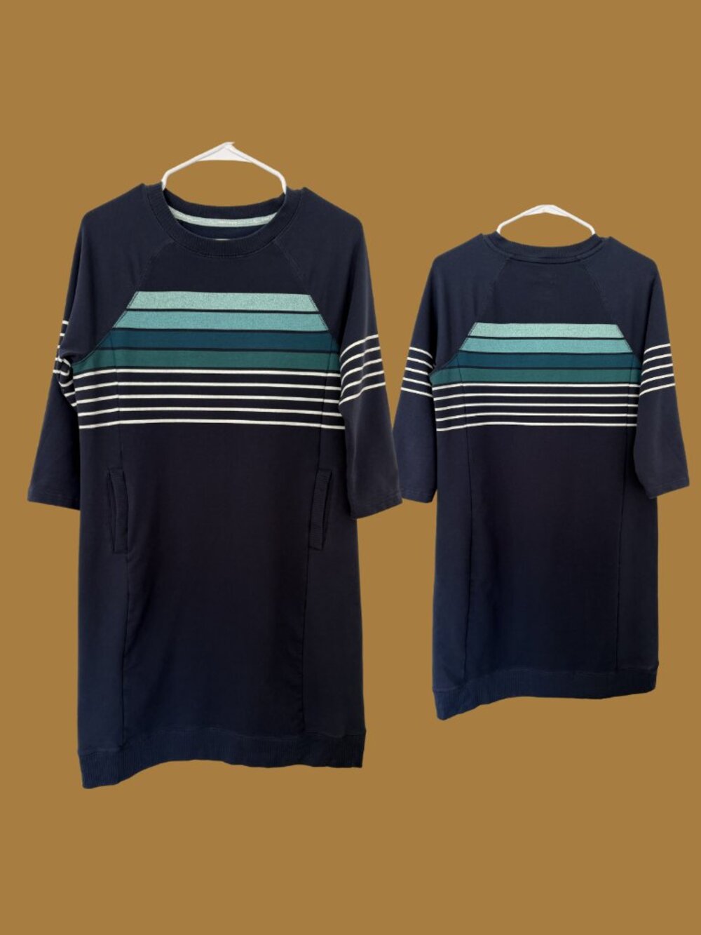 LL Bean Striped Midi Sweatshirt Dress, 7/8 Sleeves, Navy Blue Stripe, Size Small